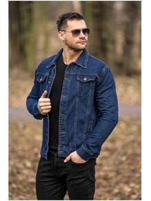 Men's Slim Fit Denim Jacket, Classic Fashion With Pockets, Autumn And Winter Men's Jean Jacket - 深色水洗藍 - 查看 3