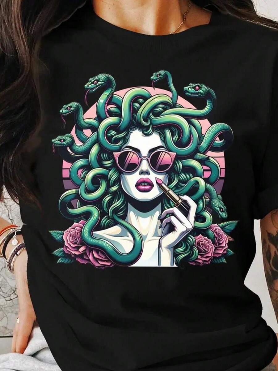 100% Pure Black Cotton T-Shirt, Women's Street Style "Medusa" Text Pattern Printed Short-Sleeve T-Shirt - Casual Loose Fit, Machine Washable, Breathable Printed T-Shirt, Casual Wear, Adult Top - 黑色 - 查看 1