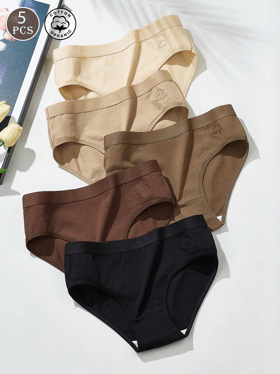 5pcs/Pack Women's Cotton Underwear, Simple Solid Color Mid-Rise Full Coverage Triangle Panties