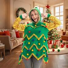 Sudadera con capucha navideña para mujer, sudadera de manga larga con lentejuelas y retazos, disfraz de cosplay - Dorado - Ver 2