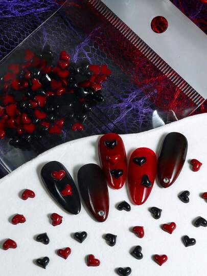 50个可爱迷你爱心美甲装饰，甜美可爱，酒红色和黑色混合美甲配件，适合DIY情人节美甲设计，美甲用品及配件