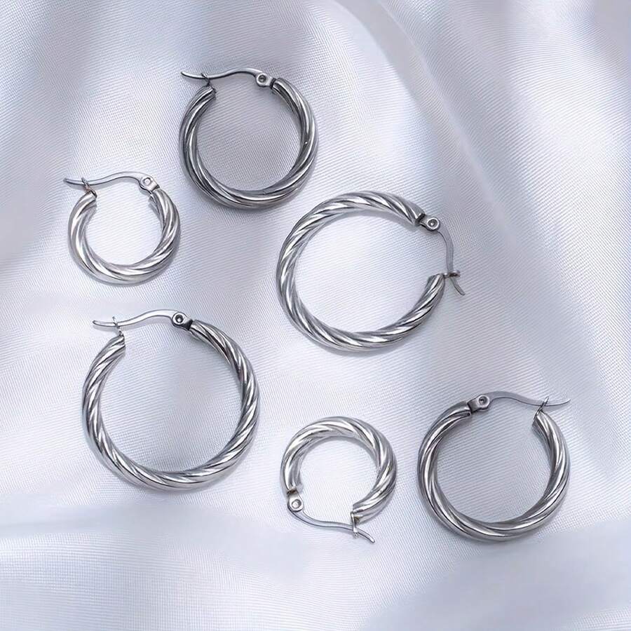 3pairs Stainless Steel Twisted Wire Earrings Plated With 18k Gold, Fashionable And Minimalist Earrings, Ideal Choice For Festival Gifting - Gold - View 1