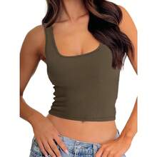 Women Rib Tank Top Padded Workout Top Square Neck Crop Tank Fitted Basic Cami Tops - Olive Vibe - View 1