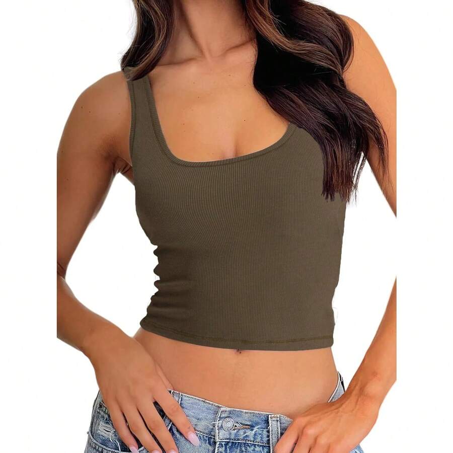 Women Rib Tank Top Padded Workout Top Square Neck Crop Tank Fitted Basic Cami Tops - Olive Vibe - View 1