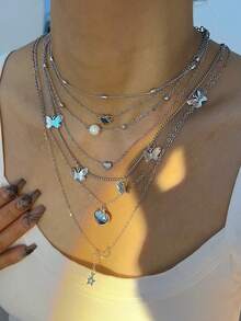 6-7 件复古优雅时尚金属多元素人造珍珠、水晶十字架、肖像、圆盘、人造珍珠、心形、蝴蝶、星星、月亮一体式吊坠流苏长项链套装，个性化极简主义 Y2K 嘻哈分层颈链、毛衣链，适合女性、度假、派对、约会、日常搭配、万圣节、圣诞节、新年珠宝礼物 - 銀色 - 查看 10