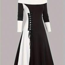 Women's Vintage-Inspired Two-Tone Red & Black A-Line Midi Dress - Off-Shoulder Long Sleeve With Lace-Up Detail, Stretchy Polyester, Machine Washable For Spring/Fall, Fall Fashion, Spring Outerwear, Nontransparent Fabric Vestidos Elegantes De Mujer Vestidos De Mujer Casual Vestidos De Fiesta Elegantes Prom Dress Conjuntos Elegantes De Mujer Prom Dresses Gown Conjunto De Dos Piezas Mujer Elegante Faldas De Mujer Homecoming Dress Vestido De Fiesta Mujer Costume Disfraz De Mujer Costumes For Woman D - 紅色 - 查看 4