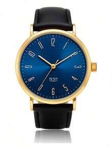 Men's Watch With Leather Strap And Metal Original Launch - Gold Blue Background - View 2