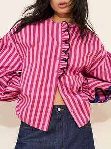 1 件女士休闲日常穿着、派对、花园、野餐、户外节日、海滩节日度假飘逸花卉印花荷叶边下摆开襟长袖衬衫，春夏秋季 - 紅色 - 查看 7