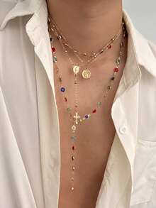 4pcs Set Retro Luxurious Colorful Crystal Y-Necklace, Men's Punk Metal Jesus Cross Pendant Long Necklace Set - Four-piece Necklace Set - View 13