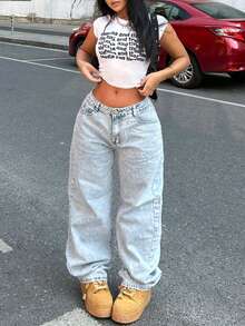 Jeans casuales y versátiles de cintura baja y pierna recta para adolescentes - Azul - Ver 2