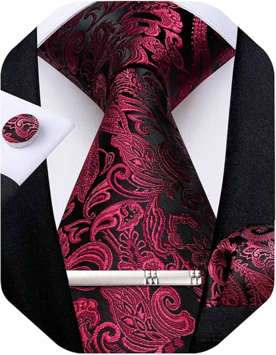Silk Floral Necktie Set With Tie Clip, Handkerchief & Cufflinks - Red Black - View 1