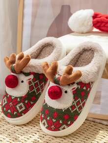 Pantuflas unisex lindas de reno navideño con suela gruesa y cálida, pantuflas de felpa para interiores/exteriores con estampados aleatorios, para otoño/invierno