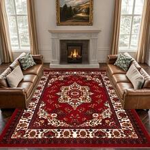 1pc Retro Boho Red & Golden Floral Design Area Rugs For Living Room, Floor Carpet For Bedroom, Carpets Home Decor Rugs, Homestay Hotel, Non-Slip Machine Washable Carpet, Home Decor Room Decor - 樣式 2 - 查看 4