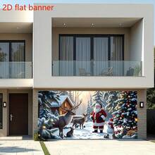 Pancarta plana 2D de Navidad para el garaje - Escena de Papá Noel, renos y pueblo de muñecos de nieve, decoración de pared exterior navideña adecuada para fiestas, de poliéster