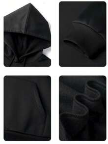 女士连帽上衣带口袋和抽绳长裤两件套，舒适家居服套装，秋冬款 - 黑色 - 查看 8