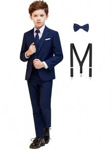 Boys Formal Suit Set - Suspenders Adjustable Waist Ring Bearer - Blue Gray - 查看 8