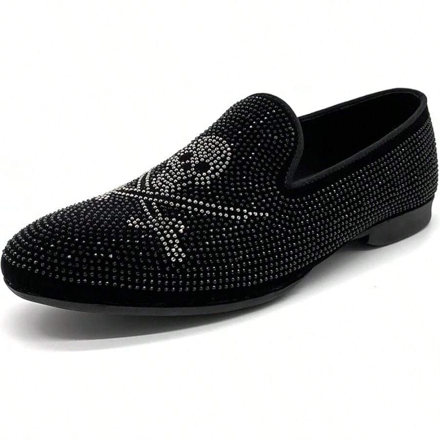Men's Pointed Toe Rivet Dress Shoes Glitter Modern Metallic Slip On Loafers Plus Size-20256688 - Black03 - View 1