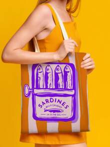 Fashionable Sardine Print Canvas Bag, Sardine Themed, Unisex Large Capacity Shoulder Bag, Shopping Bag, Lightweight Travel Luggage Bag, Reusable Student Commuter Canvas Bag, Suitable As Birthday Gift For Family And Friends - Multicolor - View 20