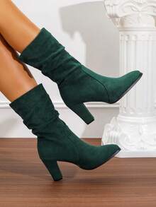 粗跟休闲靴圆头绒面革细高筒靴女式，新款秋冬中筒马靴带毛皮 - 橄欖綠 - 查看 3