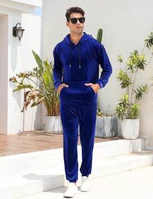 Mens 2 Piece Velour Hoodie Tracksuit Long Sleeve Velvet Hooded Pullover Casual Athletic Jogging Sweatsuit Set-2025 - Xanh đậm - Xem 6