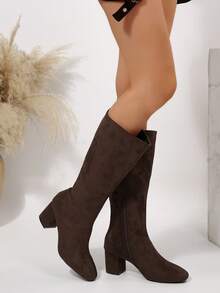 Fall/Winter Women's Fashionable Retro Brown Chunky Heel Side Zipper Knee-High Boots,Party - Coffee Brown - View 5