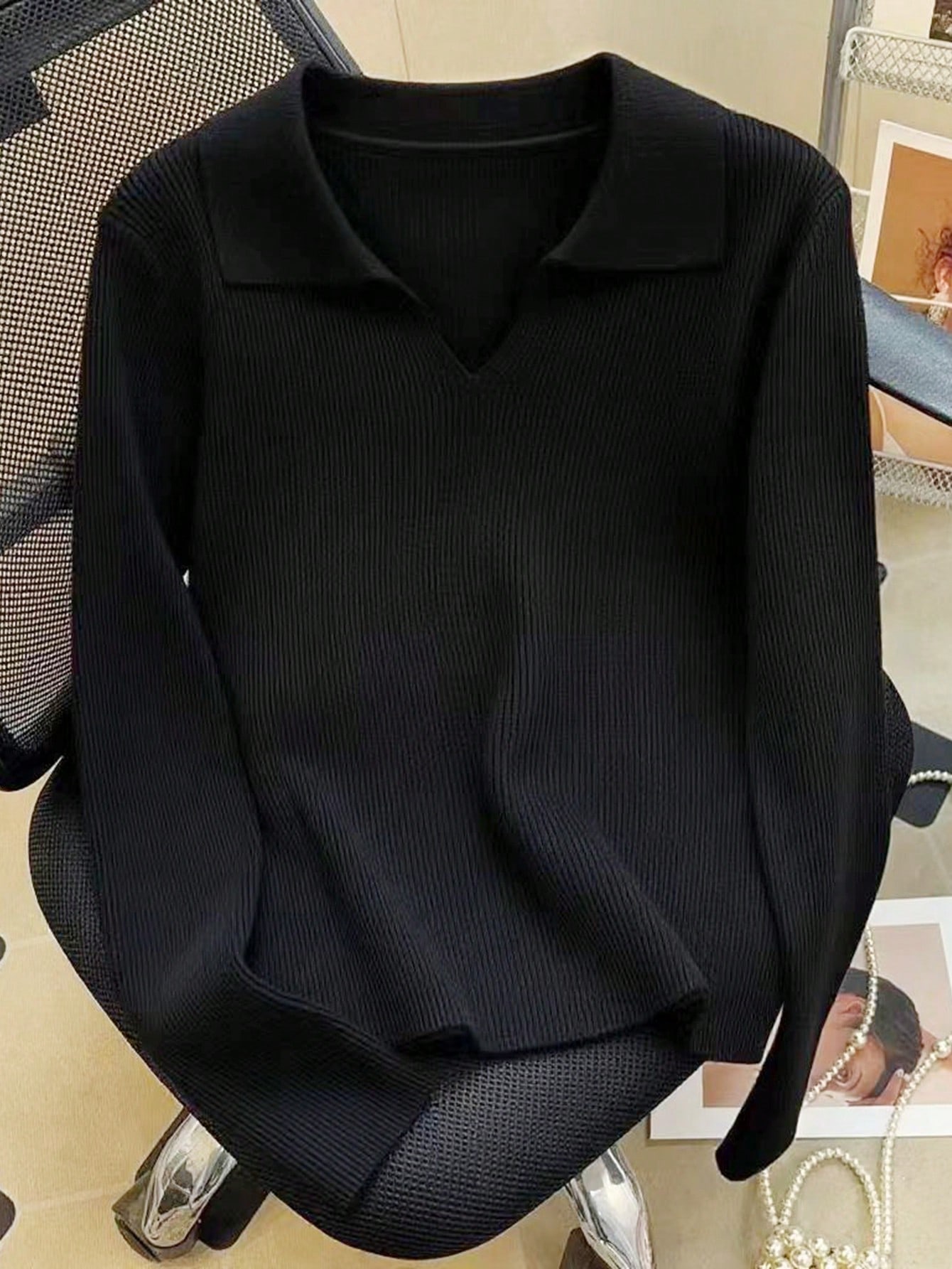 Rib knit polo sweater