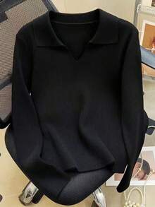 纯色针织女式立领羊毛衫，休闲秋冬保暖款，简约修身，蓝色，秋季服装 - 黑色 - 查看 4