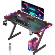 HLONONE LED Gaming Desk, Gaming Table With LED, Stable PC Table With Carbon Fiber Coating, Gamer Table With Cup Holder And Headphone Hook, Black - Black - View 8