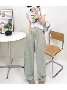 Wide Leg Striped Elastic Palazzo Pants With Pockets - Mint Green - View 1