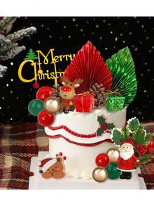 20pcs Christmas Cake Decorations, Merry Christmas Cake Toppers, Including Green And Red Faux Palm Leaf Fan And Gift Box Decorations, Mini Santa Claus And Reindeer, Red And Green Gold Foam Ball Cake Toppers, Suitable For Christmas Winter Holiday Cake Decorations, Christmas Themed Party Supplies, Babyshower Cake Decorations - Multicolor - View 4