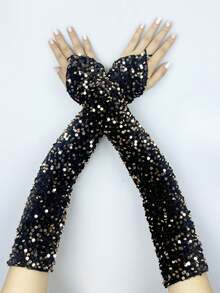 1 对闪亮亮片露指天鹅绒圣诞臂套，派对服装配饰，适合所有季节