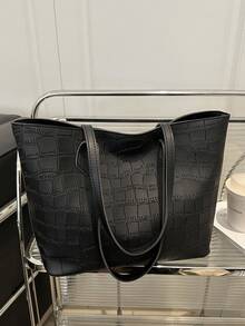 女士时尚休闲通勤单肩包，纯色大容量手提包适合约会、旅行、户外购物 - 黑色 - 查看 2