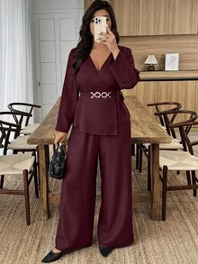 2pcs Plus Size Urban Chic V-Neck Metal Buckle Decor Long Sleeve Set, Solid Color, Palace Style, Suitable For Spring/Summer, Valentine's Day, Elegant Lady, Summer Holiday, Wedding & Events, Outing, Vacation, Beach, Spring Break - Red - View 6