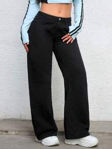 少女时尚纯色直筒牛仔裤 - 黑色 - 查看 5