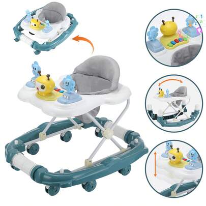 2-In-1 Foldable Baby Walker - Multifunctional Walker With 4 Adjustable Heights, Removable Feeding Tray, Silent Wheels - Baby Walkers For Boys & Girls 6 Months+
