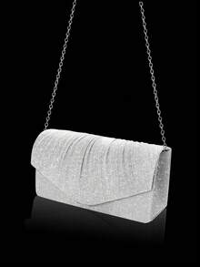 Fashionable Pleated Clutch Bag Evening Bag Prom Bag, Shiny And Elegant Bridal Wedding Bag Women's Handbag Purse Shoulder Bag, Matched With Luxurious Rhinestone Jewelry Three Pieces Set, Sparkling Rhinestone Necklace, Bracelet, Earrings, Suitable For Parties, Gatherings, Weddings - Silver - View 6