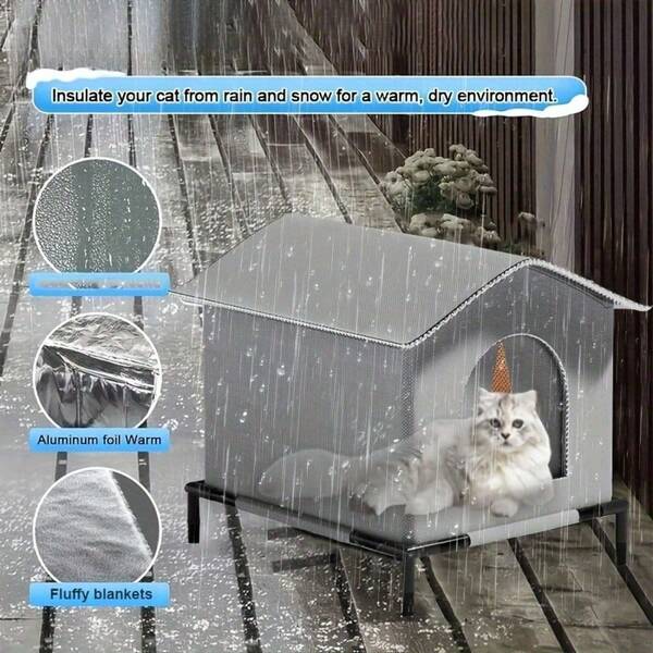 [Casa de alta calidad para gatos] Casa para gatos de tela Oxford de alta calidad con soporte | Refugio aislado con forro de papel de aluminio, 3 tamaños de refugio para gatos para todas las estaciones con protección contra la lluvia, la nieve y el viento, para animales y mascotas callejeras, incluye mantas esponjosas, fácil montaje