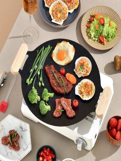 3 Pieces Set In,1 Piece Korean Frying Pan, Thick Outdoor Camping Portable Iron Plate Grill Tray, Household Multi-Purpose Cooking Tray, Suitable For Various Stoves, Including Anti-Scalding Detachable Wooden Handle Seafood Boiling, Frying Seafood, Grilling, Steak, Frying Vegetables, Bread Toast, Family Gathering Barbecue, Halloween, Christmas, Easter, Birthday Party, Bachelor Party, Potluck., Family Dinner Supplies, Christmas Party Supplies