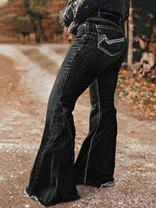 Quần jeans nữ ống loe cạp chun thêu họa tiết, viền tua rua, kiểu dáng đa năng, màu đen, thích hợp cho mùa xuân. - màu đen - Xem 2