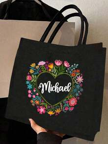 两件套，可定制姓名，彩色花环图案手提包和化妆包套装，女士亚麻大容量手提包，购物袋，便携休闲收纳手提包，适合日常出行、海滩度假，大容量购物袋，是上学、生日、大学、工作、商务、通勤、户外、旅行、节日、圣诞礼物的理想之选。 - 黑色 - 查看 3