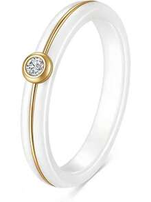6mm White/Black Ceramic Rings Plus Cubic Zirconia For Women Comfort Fit Engagement Wedding Band Size 5-122025 - 4mm Line White+Gold - View 1