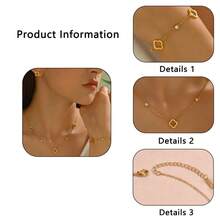 VceTd 一套优雅简约时尚镂空四叶草项链手链耳环首饰套装，女士款，玻璃镶嵌四叶草项链手链耳环套装，高品质防水不褪色首饰，时尚配饰礼品，节日礼物 - 金黃色 - 查看 9