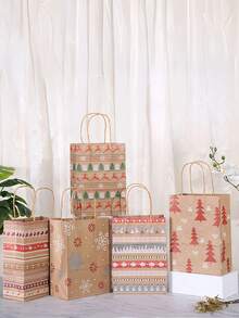 5 pièces Sacs cadeaux rayés de Noël, Sapin de Noël, Flocons de neige, Bas de Noël, Sacs cadeaux en papier kraft, Fournitures de cadeaux de vacances