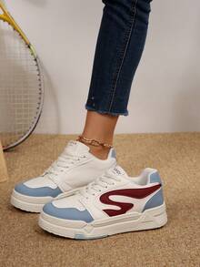 Women's Casual Sneakers - Chic White With Blue & Red Accents, Lace-Up Round Toe Faux Cover Upper, Breathable Fabric Lining & Cushioned EVA Insole, Durable Rubber Sole Low-Top All-Season Walking Shoes For Casual Attire, Ladies Sneakers, Sleek Sneaker Design - Blue - View 3