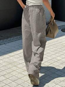 Wide Leg Striped Elastic Palazzo Pants With Pockets - Black - View 3