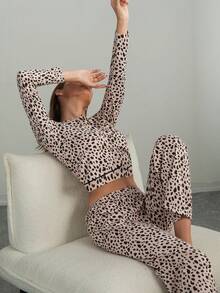 Conjunto de 2 piezas con estampado de leopardo, incluye top de manga larga y pantalón de pierna ancha, estilo sexy europeo, otoño/invierno
