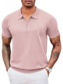 Men's Zipper Polo Shirt Casual Knit Short Sleeve Polo T Shirt Classic Fit Shirts - 寶藍色 - 查看 7