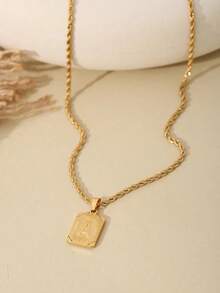 1pc Men's Stainless Steel Gold Chain Necklace With Square Letter Pendant, A-Z Letter Jewelry IHW5 - 黃金 - 查看 3