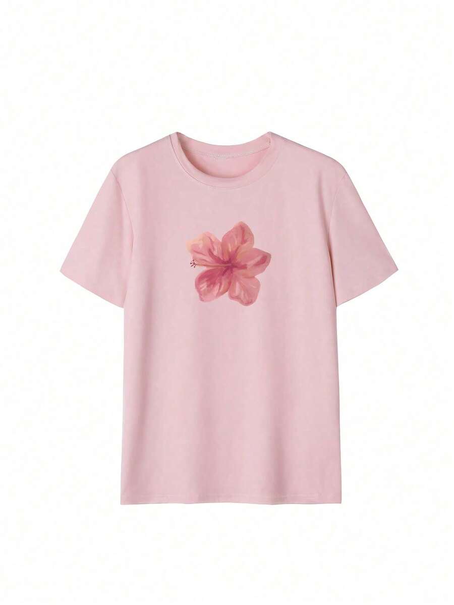 Mujer casual estampado floral suave ajuste holgado cuello redondo manga corta primavera verano diario camiseta - Rosa - Ver 1
