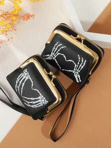 MADLEY 哥特风拉链手拿包，骷髅头图案，万圣节主题，适合购物，女士迷你钱包，小巧可爱，腕包，男士真皮钱包 - 彩色 - 查看 3